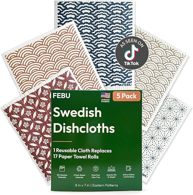 FEBU Swedish Dishcloths for Kitchen | 5 Pack Eastern Reusable Paper Towels Washable | Swedish Dish Towels | Non-Scratch Cellulose Sponge Cloths | No Odor, Biodegradable Cleaning Cloths