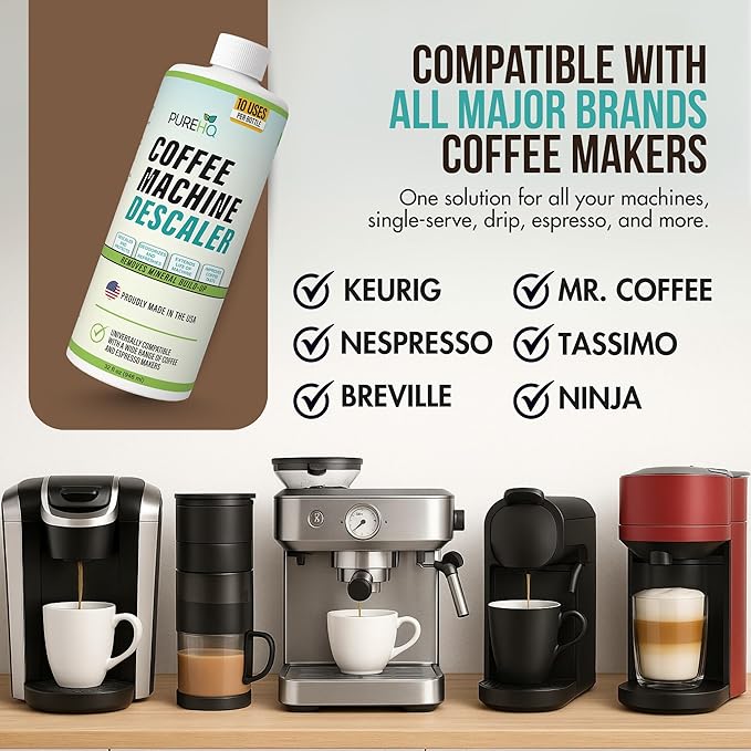 Coffee Machine Descaler (2 Pack) - 20 Uses - Keurig Descaling Solution - Universal Descaler for Keurig, Nespresso, Delonghi, Breville and All Single Use Coffee and Espresso Machines - Made in USA