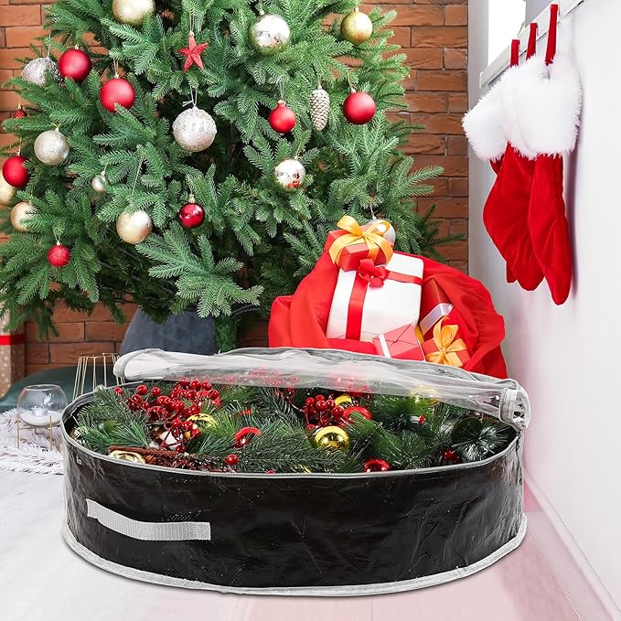 Aliceset 4 Pack Wreath Storage Containers, Christmas Ornament Garland Wreath Storage Bags with Handle Dual Zipper Large Decorative Storages Box for Winter Wreaths(30 x 30 x 7.8 Inch,Black)