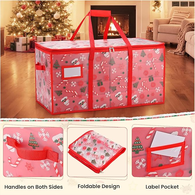 Plastic Christmas Ornament Storage Box with Adjustable Dividers, Waterproof Christmas Storage Containers Keep 128 Capacity, Dual Zippers, Ornament Organizer to Store Holiday Decor-Gloves