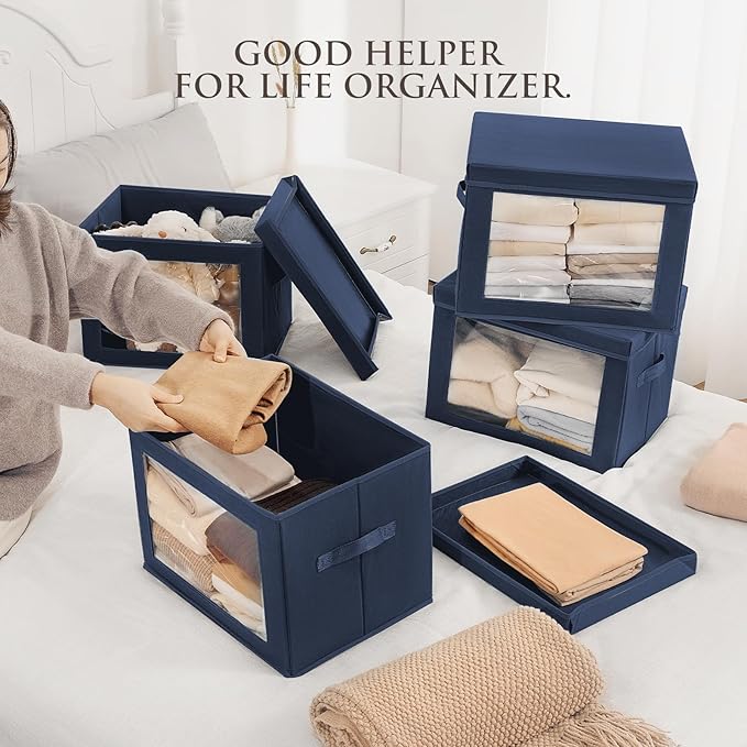 Stackable Storage Bins with Lids - Large Storage Box with Lids, Foldable Closet Boxes for Organizing, Wardrobe Clothes Organizer with Window, Cubes Bins for Living Room, 6 Pack, Navy Blue
