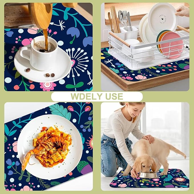 Kitchen Mat Beautiful Floral Dish Drying Mat 12"x19" Bsorbent Coffee Maker Mat for Sink Dishes or Under Rack Kitchen Counter Accessories Absorbent Hide Stain Rubber Backed Dish Drying Pad