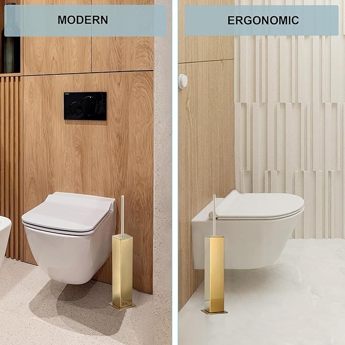Gold Toilet Brush with Holder 304 Stainless Steel Toilet Bowl Brush, Square Bathroom Cleaner Brush