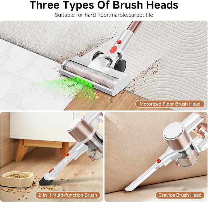 Honki Cordless Vacuum Cleaner, 500W/40Kpa Vacuum Cleaners for Home, Stick Vacuum Cordless with LED Display, Anti-Tangle & Wall Mount, 8 in 1 Lightweight Vacuum for Hard Floors Pet Hair(Gold)