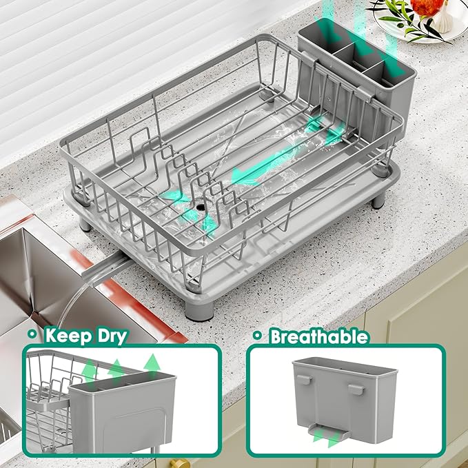 GAOKASE Dish Drying Rack, Space-Saving Dish Rack, Dish Racks for Kitchen Counter, Kitchen Dish Drainers with Removable Utensil Holder,Plate Rack and Drainboard, 11''W x 15''L, Gray