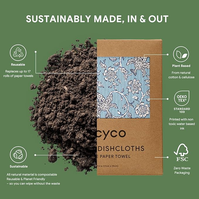 RECYCO Swedish Dishcloths for Kitchen | 6 Pack Heritage Florals Blue Washable Dish Rags | Cellulose Reusable Cleaning Paper Towels | Absorbent Counter Dish Cloth Sponge Kitchen Wipes, 8" L x 7" W