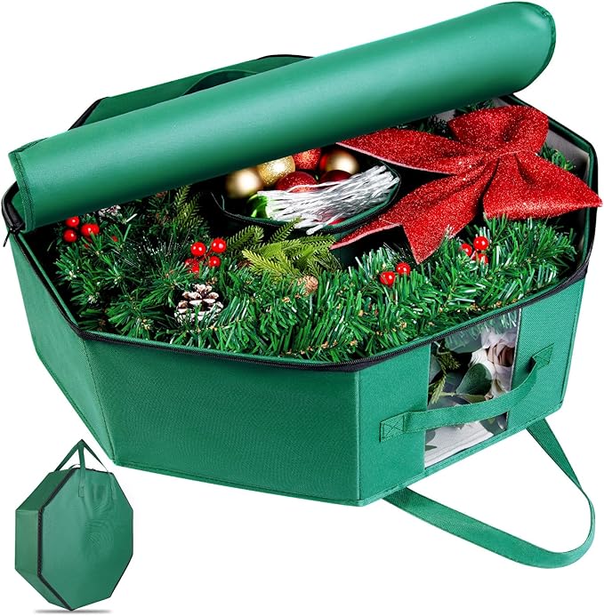 2 Pack Wreath Storage Christmas Garlands Bag with Interior Pockets Large Xmas Container Box for Holiday Decorations Case with Dual Zipper and Handles Window Labeling Card Slot 24" Green