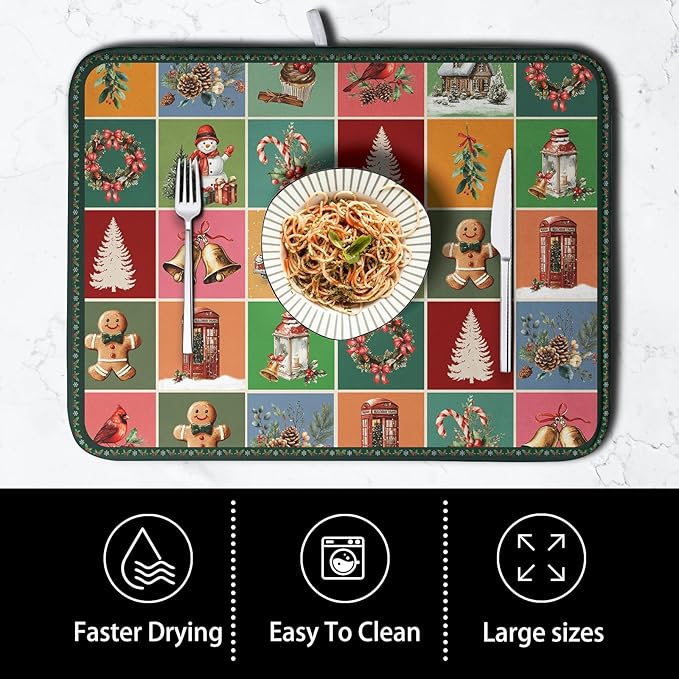 Kwlegh Christmas Dish Drying Mats for Kitchen Counter Cute Xmas Holiday Dish Drainer Pad Microfiber Absorbent Winter Dish Draining Mat Washable Dish Drainer Rack Mat Extra Large 18x24 Inch