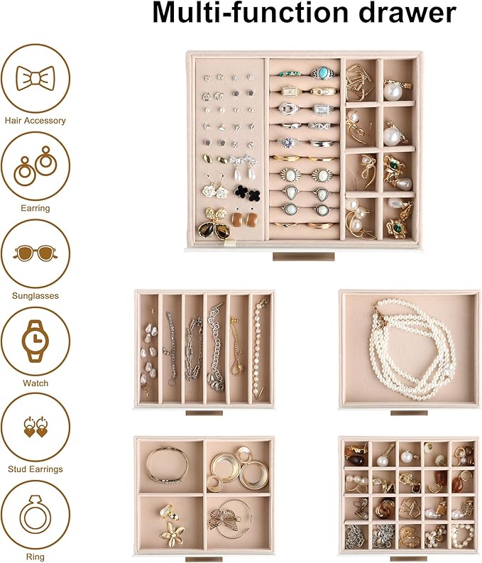 Frebeauty Clear Lid Jewelry Box,5-Layer Jewelry Organizer with Drawer,PU Leather Jewelry Organizers and Storage,Jewelry Boxes for Women,Jewelry Storage for Rings Earring Stud,Gift for Women(White)