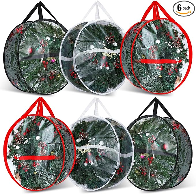 Zhengmy 6 Pcs Clear Christmas Wreath Storage Bag Wreath Storage Container With fixing strap Wreath Storage Box with Handles for Storing Garland Holiday Wreath Wrapping(24 Inches)