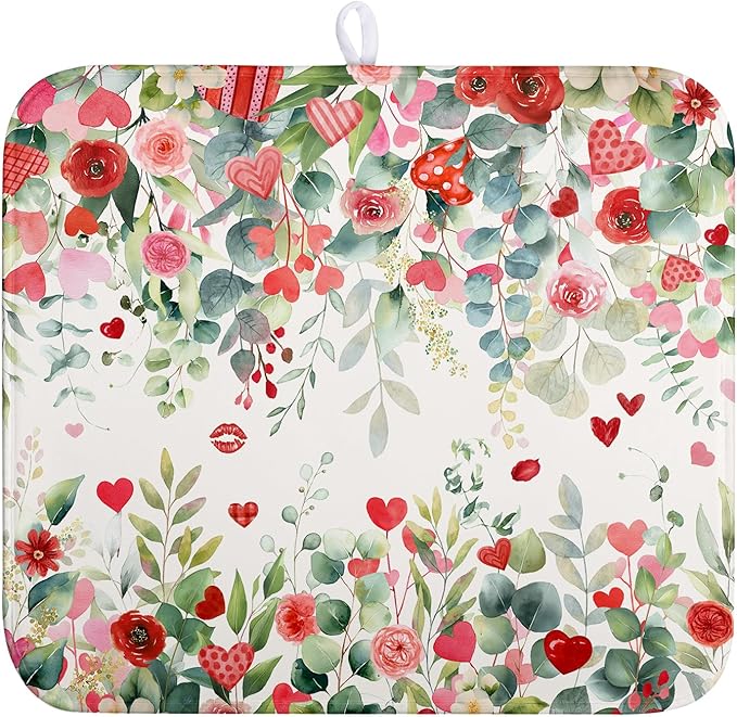 Wnoesat Valentine Dish Drying Mat for Kitchen Counter 16x18 Inch Valentines Love Heart Rose Eucalyptus Leaf Dishes Drying Pad Microfiber Absorbent Dish Draining Washable Dish Drainer Mat