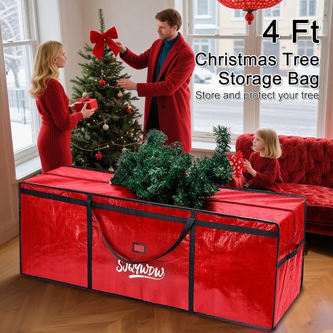 Small Christmas Tree Storage Bag 4ft/5ft – Heavy Duty Reusable Tree Storage Bag with Reinforced Handles, Thickened PE Material Moisture-resistant Tearproof for Short Holiday Trees (Red)