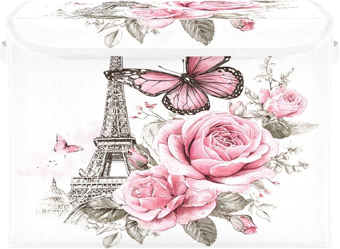Bolaz Bow Flower Eiffel Tower Storage Bins with Lids and Handles, Foldable Storage Box Storage Basket with Cover Collapsible Organizer Containers for Home Closet, Shelves