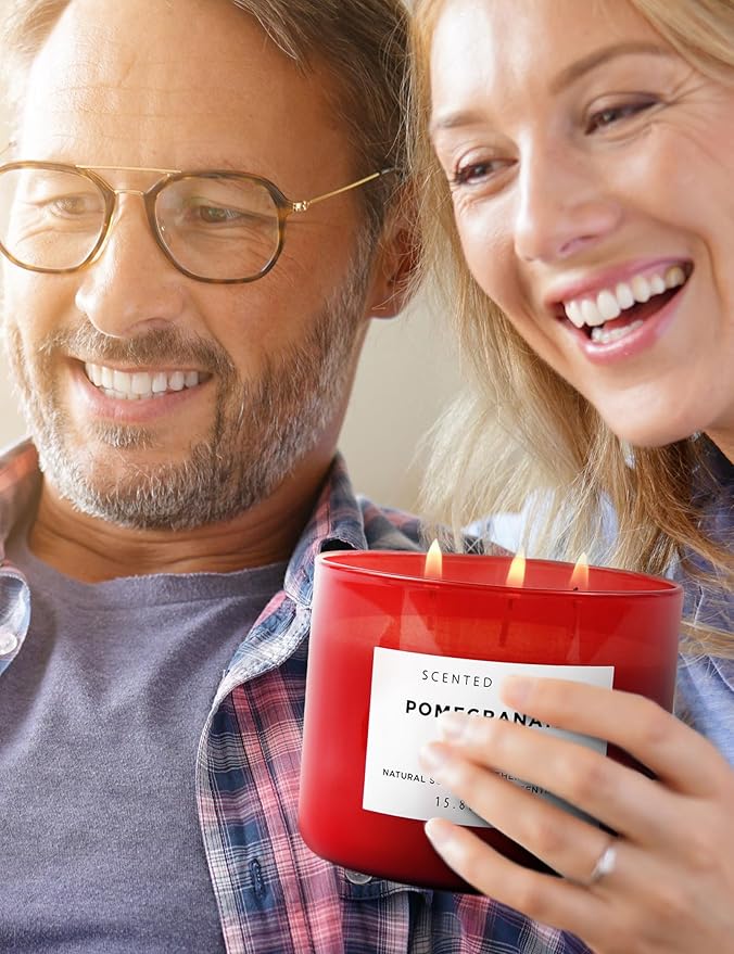 Large 3 Wick Scented Candle 15.8oz | Pomegranate Noir Sweet Fruity Vanilla Candle | Ruby Red Jar Candle | Aromatherapy Stress Relief | Luxury Gift for Women & Men