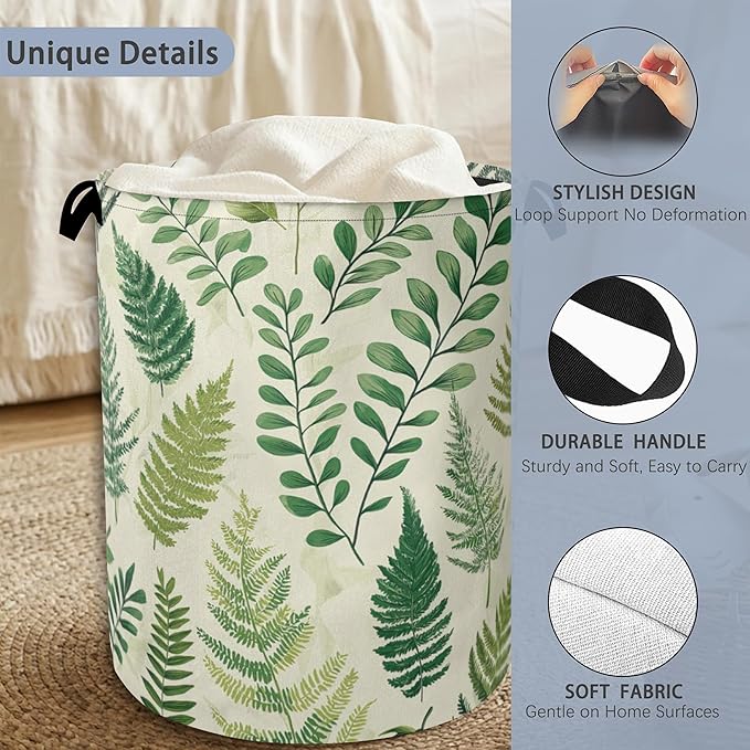 Fern Herbs Laundry Hamper,Botanical Floral Leaf Dirty Clothes Laundry Basket with Handles Waterproof Oxford Cloth Storage Basket for College Dorms Bathroom Bedroom 16" x 20.8"