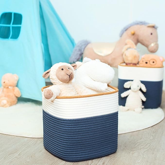 MINTWOOD Design 3-Pack 11x11 Inch Cube Storage Bin, Woven Storage Cube Organizer, Closet Organizer, Cute Square Storage Bins, Decorative Classroom Bathroom Pantry and Shelf Baskets, Prussian Blue