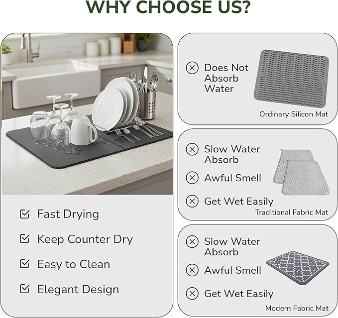 2-Panel Large Foldable Stone Drying Mat 24"x16" – Diatomaceous Earth Stone Dish Drying Mat, Ultra-Absorbent Stone Drying Mat for Kitchen, Collapsible Quick-Dry Countertop Protector for your Dishes
