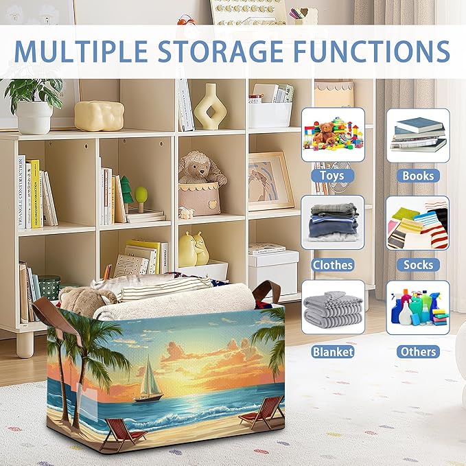 Tropical Palm Tree Storage Basket with Handles,Sunset Beach Collapsible Rectangle Organizer Bin for Room Decoration Books Box Baskets 17x11.5x10Inch
