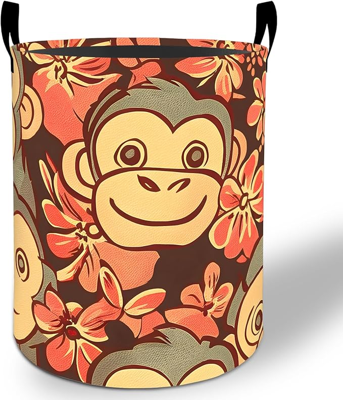Monkey Laundry Basket Hamper 19.7"x15.8", Cute Cartoon Foldable Waterproof Oxford Clothes Storage Bucket for Room Bathroom Bedroom Nursery Decor, Toy Organizer Bins Gifts for Kids Boys Girls