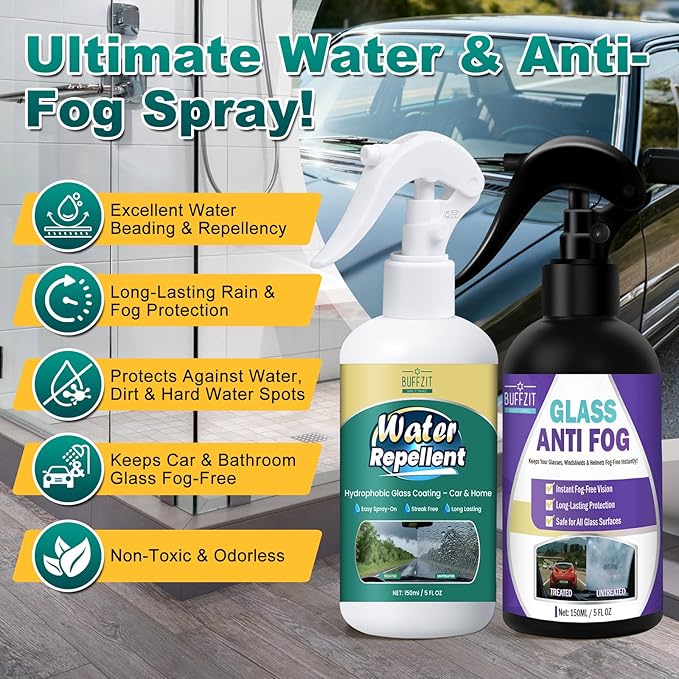 BUFFZIT Anti-Fog and Rain-Repellent Spray Kit – Fast-Acting Defogger and Waterproof Spray for Clear Vision, Easy Spray for Car Windshields, Windows, Mirrors, Glasses, Goggles and Helmets (2-Pack)