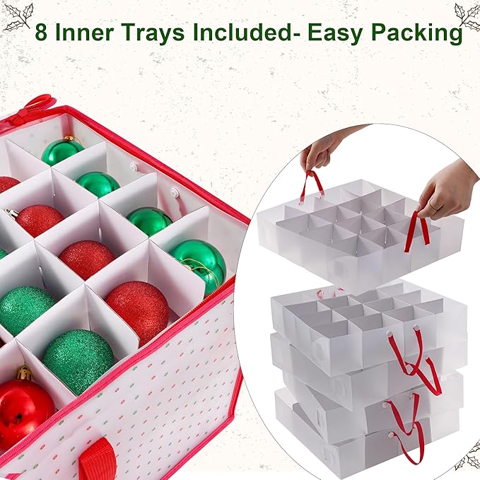 Christmas Ornament Storage Box -Up to 128 Holiday Ornaments with Adjustable Dividers Capacity Storage Container for Christmas Decorations Toys Gift Wrap Organizer（PVC）