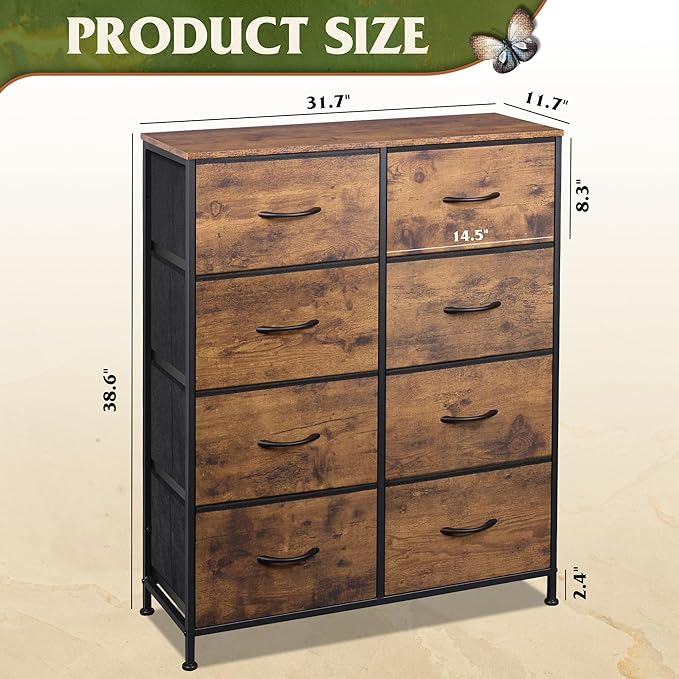 WLIVE Fabric Dresser for Bedroom, Tall Dresser with 8 Drawers, Storage Tower with Fabric Bins, Double Dressers, Chest of Drawers for Closet, Living Room, Hallway, Dorm, Rustic Brown Wood Grain Print