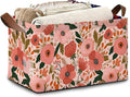 Retro Pink Flower Storage Basket with Handles,Leaves Collapsible Rectangle Organizer Bin for Room Decoration Books Box Baskets 17x11.5x10Inch