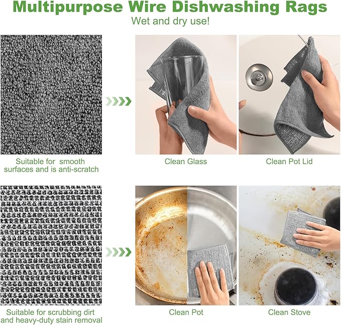 Jeymei 10 Counts Multipurpose Wire Dishwashing Rag,Non Scratch Wire Dishcloth,Microfiber Miracle Cleaning Cloth with Mesh,Dual-Sided Steel Mesh Cloth for Pot,Metal Scrubber for Washing Dishes,Grey