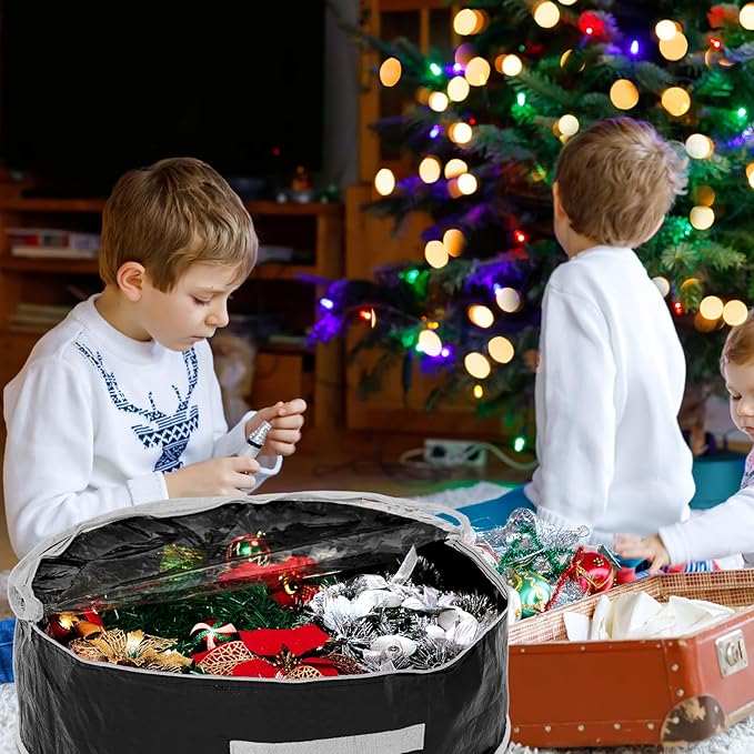 4 Pcs Christmas Wreath Storage Bag, Christmas Garland Storage Container with Clear Window, Zipper & Handle for Xmas Holiday Seasonal Wreath Garland Box(Black,36")