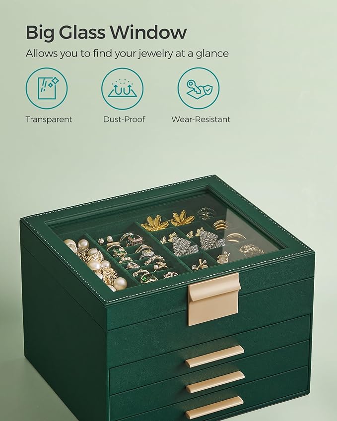 SONGMICS Jewelry Box Organizer with Glass Lid, 4-Layer Jewelry Storage, with 3 Drawers, Modern Style, 8 x 9.1 x 6.5 Inches, Forest Green and Gold Color UJBC173C01