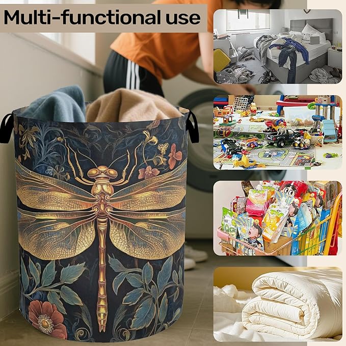 Retro Dragonfly Foldable Laundry Hamper - Waterproof Fabric Storage Basket with Handles, Clothes Hampers for Laundry,Bedroom,Dorm