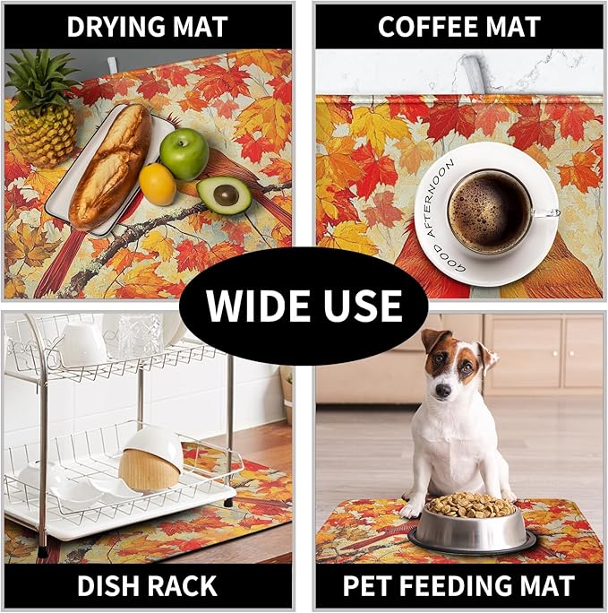 Kwlegh Fall Dish Drying Mats for Kitchen Counter Maple Leaf Cardinal Birds Dish Draining Mat 18x24 Inch Autumn Thanksgiving Dish Rack Mat Microfiber Absorbent Dish Drainer Pad