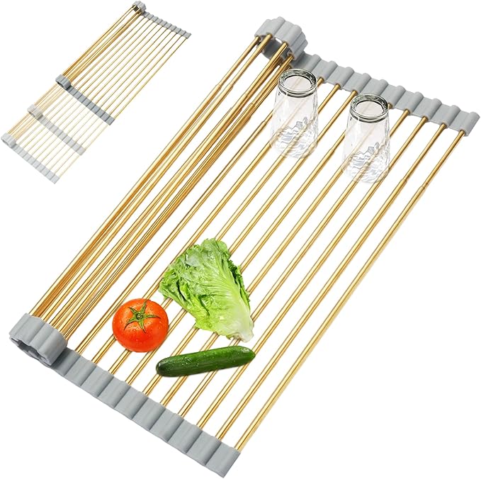 HAYAWEY Golden Expandable Roll-UP Dish Drying Rack-Large 304 Stainless Steel Dish Drainer Over The Sink for Kitchen Countertop,Extendable & Rollable & Food Grade (Gold,22.08'x 13.2')