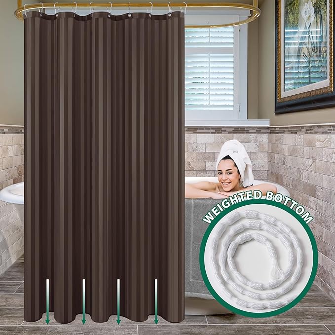 Biscaynebay Fabric Shower Curtain or Liner 72" by 72", Brown Water Repellent Damask Stripes Bathroom Curtains Machine Washable