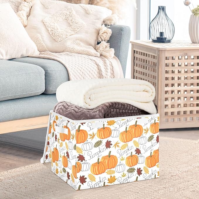 Thanksgiving Baskets Collapsible Storage Bins with Lids, Pumpkin Leaf Fall Autumn Thanksgiving Storage Boxes Clothes Baskets for Organizing