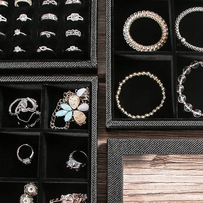 Julysky 4 Pcs/set Stackable Jewelry Organizer Trays with Glass Lid,100 Slots Ring Holder,Bracelet Displays Stand for Selling Necklace Earring Rack