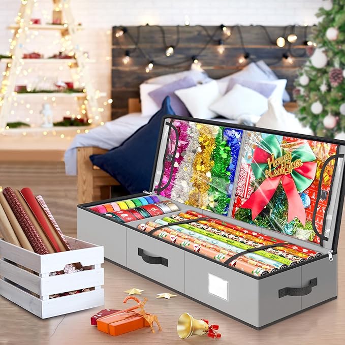 BlessedSeason Wrapping Paper Storage Organizer for 40 Inch Christmas Gifts Wrapping Paper, 2 Visible Supplies Pockets for Holiday Accessories, Christmas Decoration Storage Containers, Grey