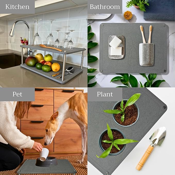 GRUZAM 2 Pcs Stone Dish Drying Mat, 2 Tier Dish Drying Stone for Kitchen Counter with Absorbent Dish Drying Mat, Stone Dish Drying Rack, Flexible Stone drying rack (Slate, 15.6" x 11.7" x 6.7")