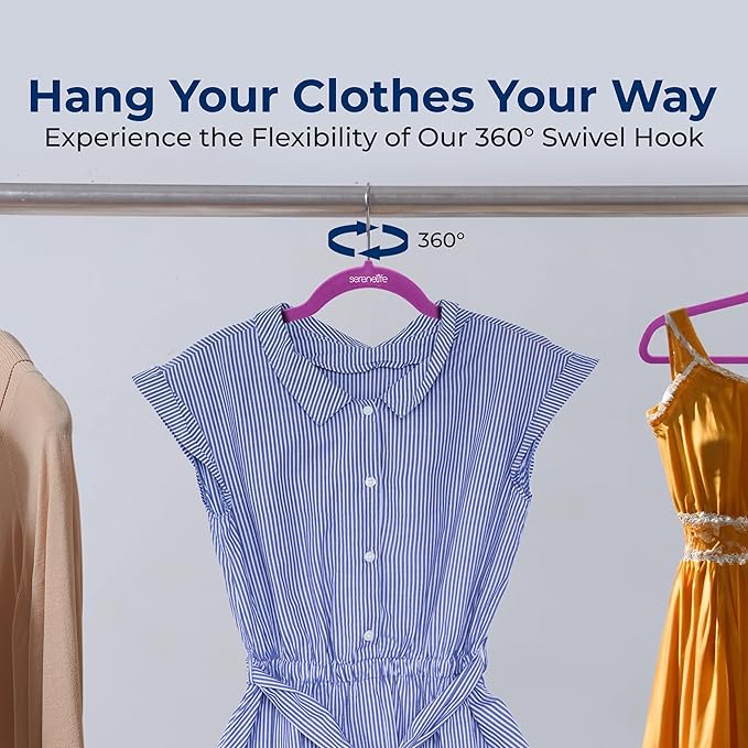 SereneLife 20 Pack Velvet Hangers – Non-Slip Clothes Hangers with Heavy Duty Design, Slim Space-Saving Coat Hangers with 360° Swivel Hook, Strong Lightweight Closet Organizer Set for Clothes (Purple)