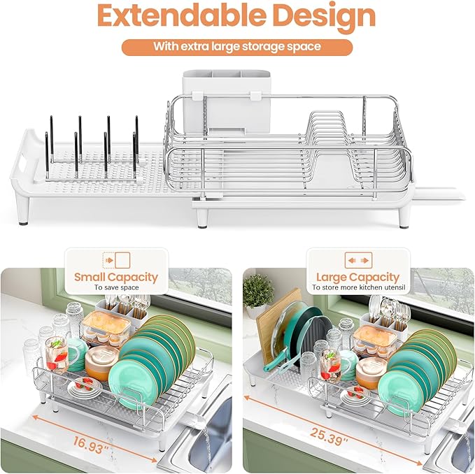 TOOLF Dish Drying Rack - Large Expandable Dish Rack for Kitchen Counter, Stainless Steel Dish Drainer for Kitchen Organization with Cutlery ＆ Cup Holder,White