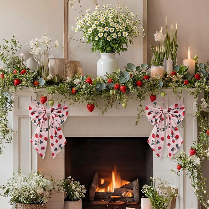 2 Pcs Spring Strawberries Wreath Bows 19.6'' x 11.8'' Large Tree Topper Pink Ornament Rustic Burlap Wreath Sash for Front Door Spring Party Yard Doorway Indoor Outdoor Wall Decor