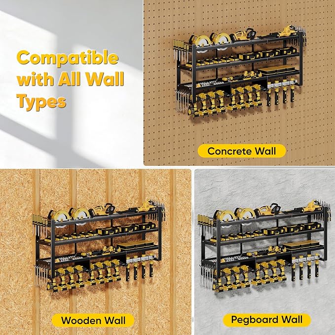 POKIPO 49" W Large Power Tool Organizer Wall Mount, 4 Layer Heavy Duty Loads 800 lbs, Tool Rack Holds 12 Cordless Drills, Large Capacity Battery Holder for Garage Storage, Christmas Gift for Men