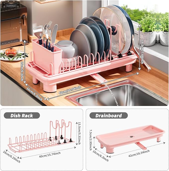 Small Dish Drying Rack with Removable Utensil Holder & Anti-Scratch Base - Stainless Steel Dish Rack, Dish Drying Rack with Drainage & Space Saving Design for Kitchen Counter, Pink