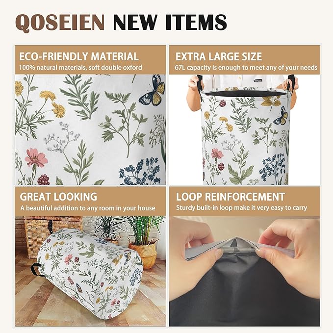 Beautiful Floral Laundry Hamper,Collapsible Laundry Baskets,Flowers Butterfly Dirty Clothes Baskets with Handles,Oxford Cloth Hamper for Bedroom,Bathroom,College Dorms,16"x20"