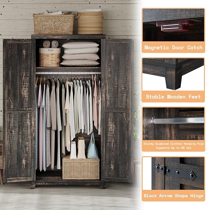 AMERLIFE Set of 2 Farmhouse Armoire Wardrobe Closet with 2 Barn Doors, 71'' Storage Cabinet with Shelf & Hanging Rod, Versatile Clothing Storage for Bedroom, Black Oak