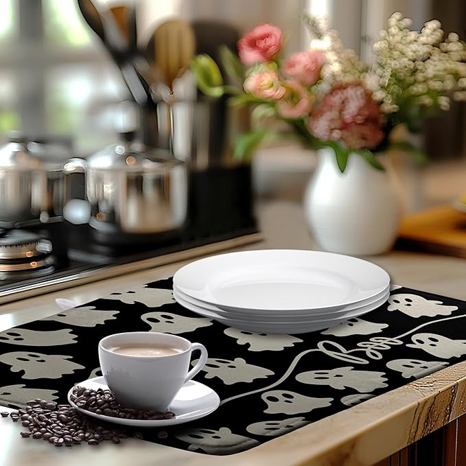 Halloween Ghosts Dish Drying Mat Black and White Large Kitchen Mats Dish Drying Pad Absorbent Dish Dryer Mat for Kitchen Countertops Microfiber Drainer Pad Dish Drying Mats (18x24 in)