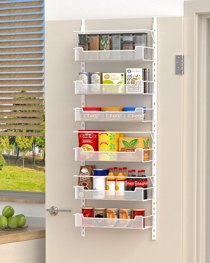 VyGrow Over the Door Pantry Organizer, 6-Tier Over the Door Organizer with Adjustable Basket, Pantry Door Organization for Pantry Kitchen Storage Room Spice Rack, White