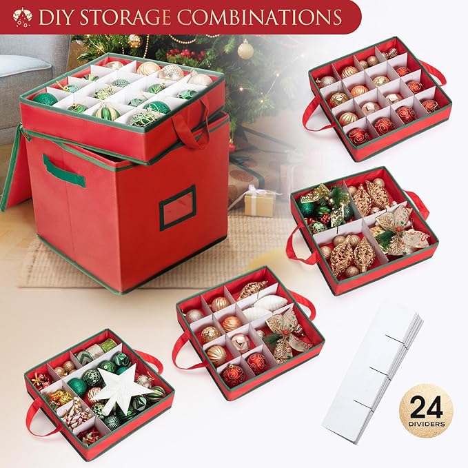 Christmas Ornament Storage Box Containers Holiday Decoration Organizer, Christmas Ball Accessories Holder with Adjustable Dividers, 4 Removable Trays, Zippered Closure, 600D Oxford 13x13x13.39