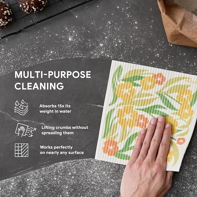 RECYCO Swedish Dishcloths for Kitchen | 5 Pack Matisse Floral Washable Dish Rags | Cellulose Reusable Cleaning Paper Towels | Absorbent Counter Dish Cloth Sponge Kitchen Wipes, 8" L x 7" W