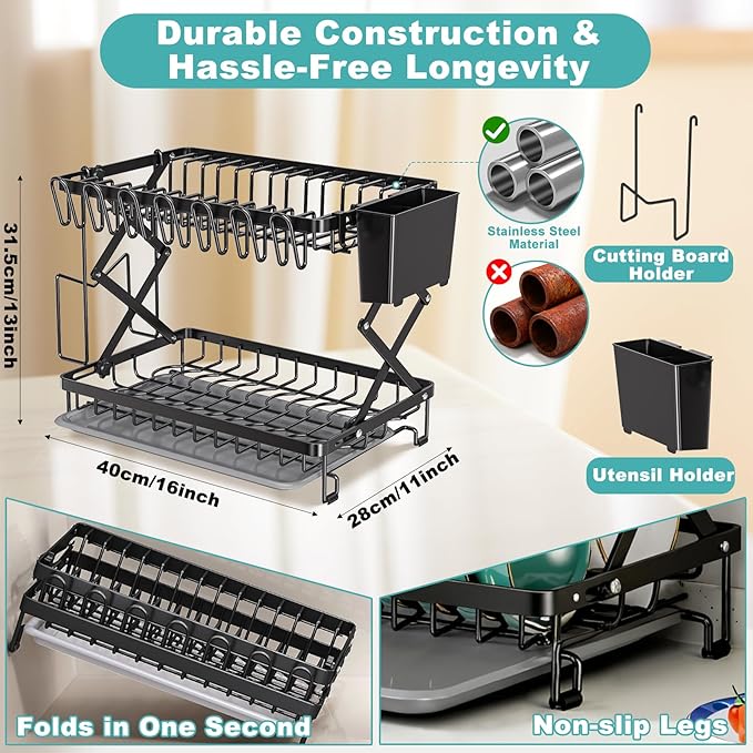 2-Tier Dish Racks for Kitchen Counter, Stainless Steel Kitchen Dish Drying Rack Large Dish Drainers for Kitchens Counter, Space Saving Dishes Strainer for Bowl, Plate, Cup - Modern Counter Organizer